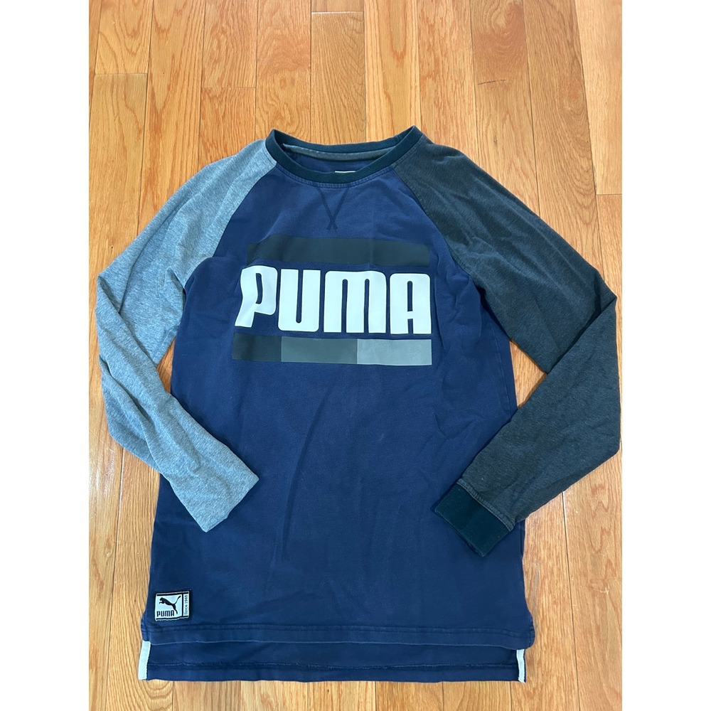 PUMA Men's Long Sleeve T-Shirt Medium Blue Gray Black Colorblock Logo Tee